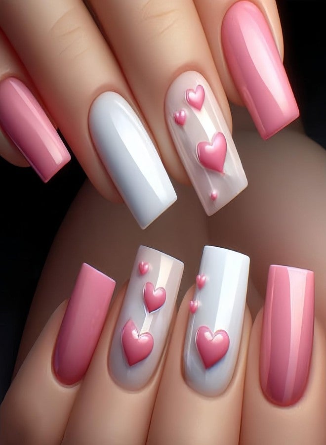 TBRZTR Pink Love Heart Valentine's Press on Nails Square Medium False Nails Pink Acrylic Nails Full Cover Stick on Nails Valentine's Nails Press Ons Artificial Glue on Nails for Women Holiday Nails - Image 1